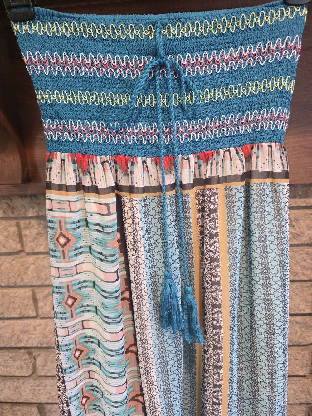 Flying Tomato Strapless Teal, Coral & Aqua Printed Maxi Dress - Picture 3 of 5